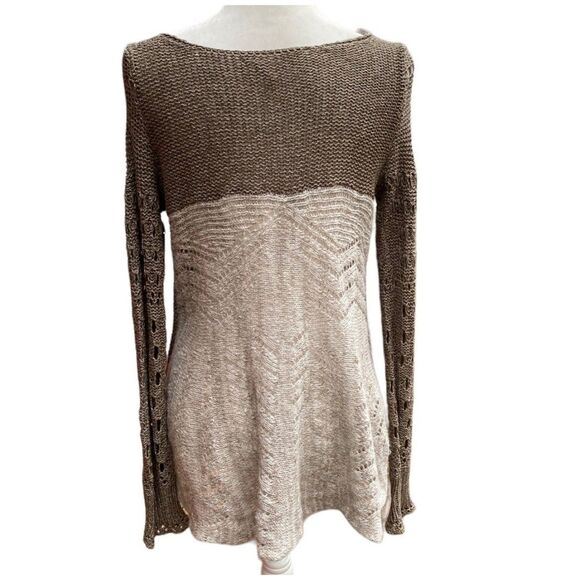Free People Boho Open Knit Peplum Hem Sweater Tunic Brown Beige Taupe Size S - Picture 5 of 12